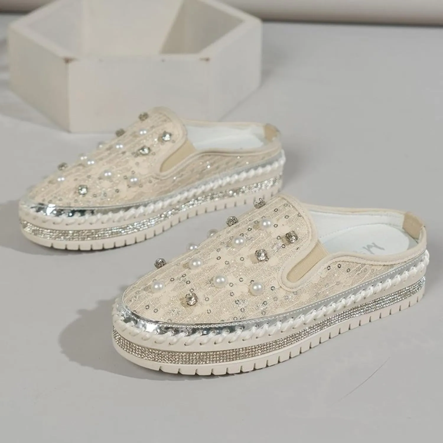 Crzidha Fashion Pearl Slip Ons for Women,Casual Round Toe Wide Width Slingback Slip On Loafers for Ladies Dressy Autumn Wedding Party Stylish Rhinestones Platform Flat Sneakers