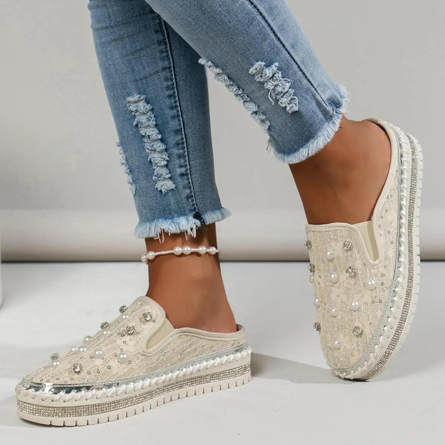 Crzidha Fashion Pearl Slip Ons for Women,Casual Round Toe Wide Width Slingback Slip On Loafers for Ladies Dressy Autumn Wedding Party Stylish Rhinestones Platform Flat Sneakers