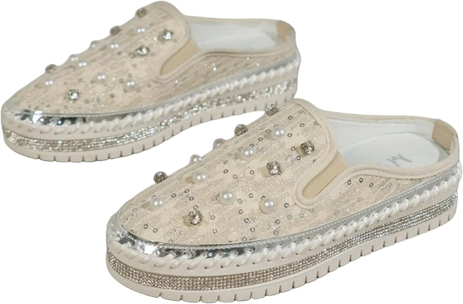 Crzidha Fashion Pearl Slip Ons for Women,Casual Round Toe Wide Width Slingback Slip On Loafers for Ladies Dressy Autumn Wedding Party Stylish Rhinestones Platform Flat Sneakers