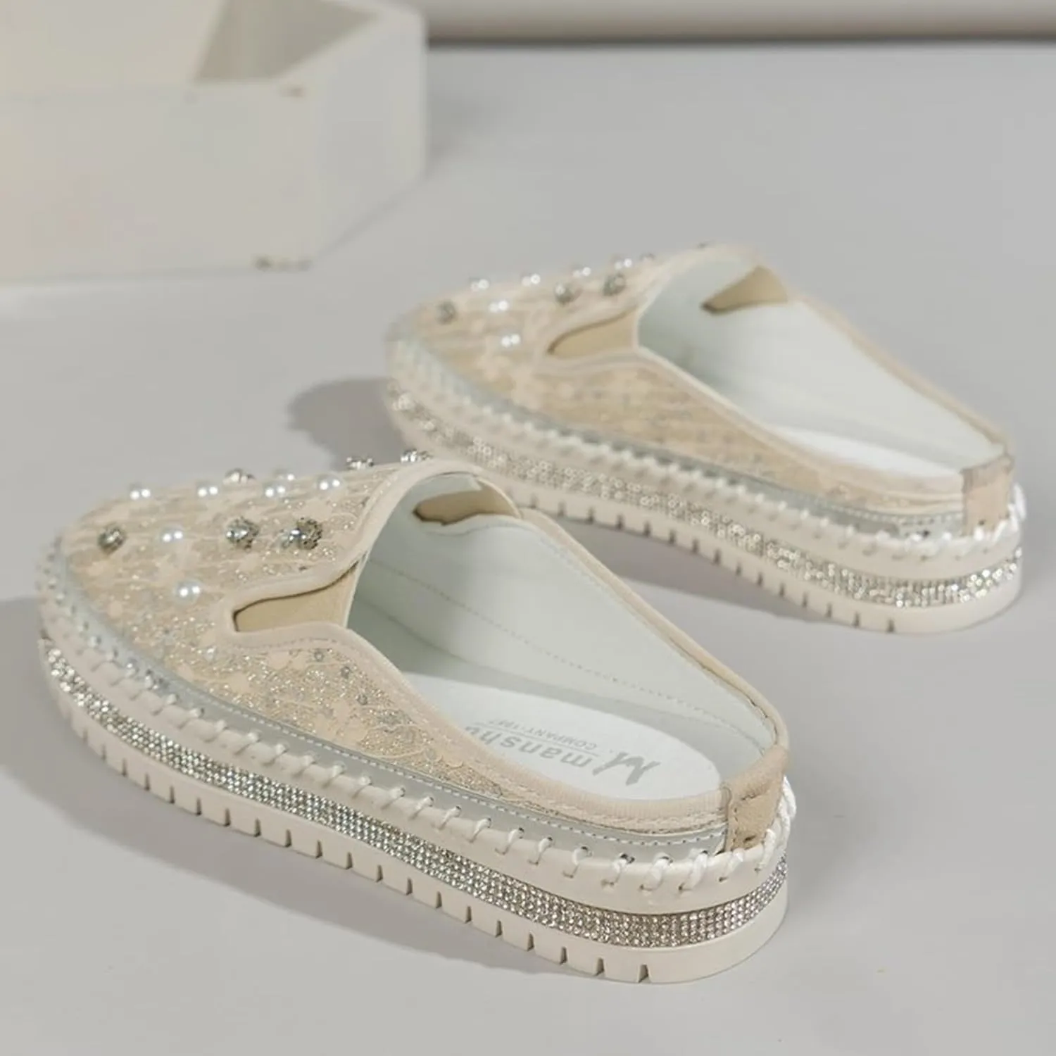 Crzidha Fashion Pearl Slip Ons for Women,Casual Round Toe Wide Width Slingback Slip On Loafers for Ladies Dressy Autumn Wedding Party Stylish Rhinestones Platform Flat Sneakers