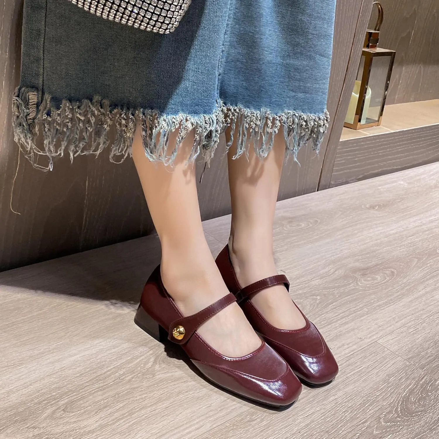Dear Time Women's Vintage Mary Jane Shoes Ankle Strap Square Toe Flats Uniform Dress Shoes Ballet Flats
