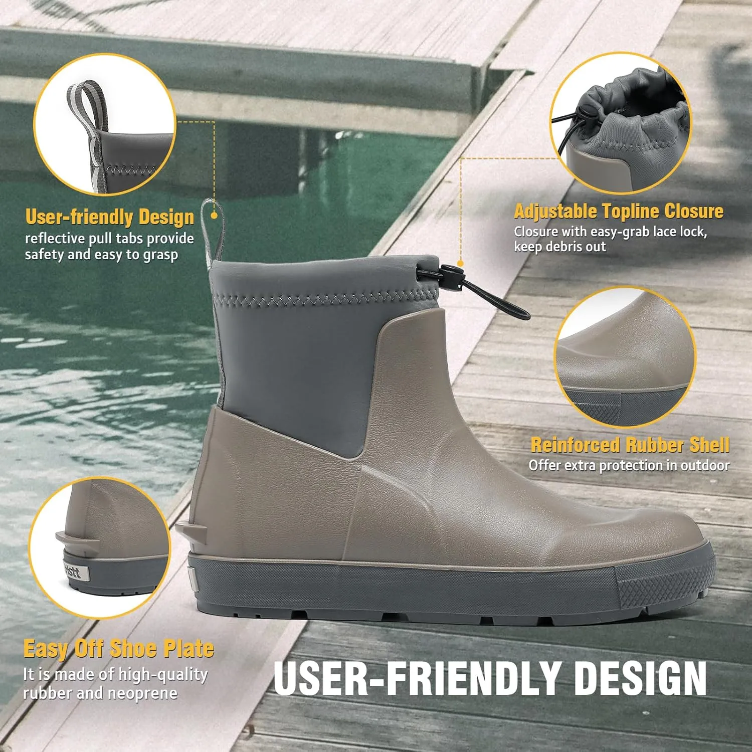 Deck Boots For Men Anti-Slip, Waterproof Ankle Rain Boots, Rubber Outdoor Fishing Footwear, Chelsea Garden Work Water Shoes, Size 6.5-12