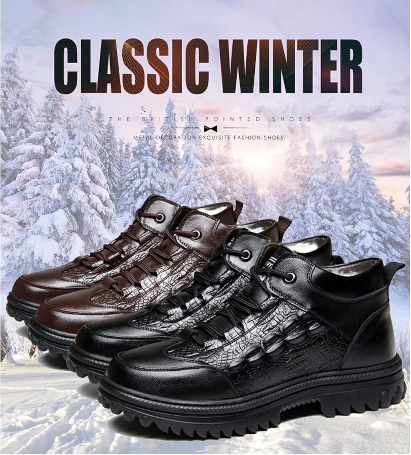 DESESE Men's Cowhide Crocodile Print Height Lifting Non-Slip Ankle Boots,Platform Warm Wool Inside Lacing Sneakers Comfortable Shoes