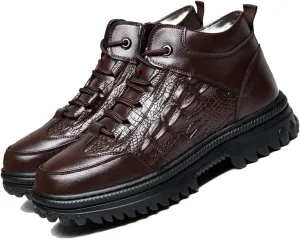 DESESE Men's Cowhide Crocodile Print Height Lifting Non-Slip Ankle Boots,Platform Warm Wool Inside Lacing Sneakers Comfortable Shoes