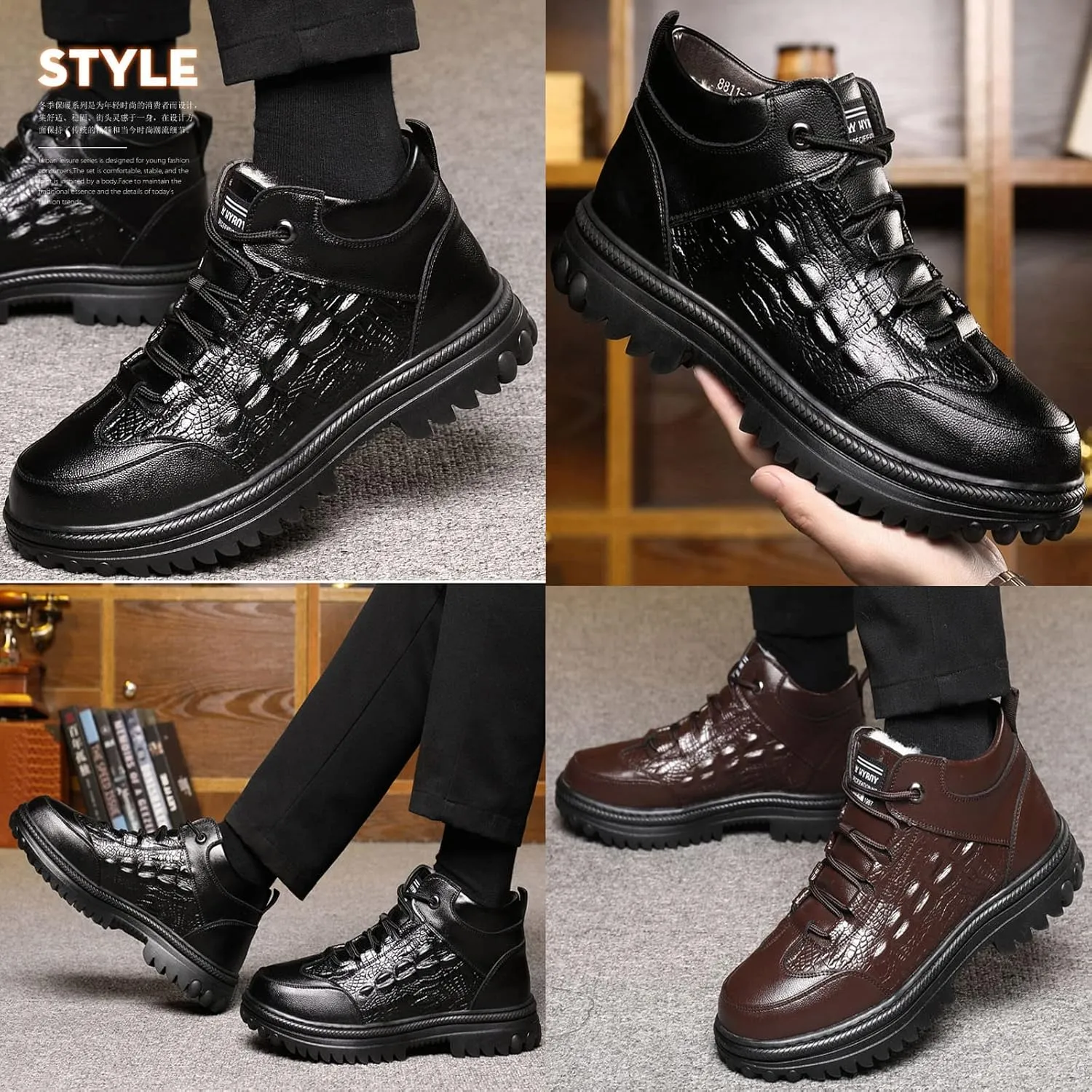 DESESE Men's Cowhide Crocodile Print Height Lifting Non-Slip Ankle Boots,Platform Warm Wool Inside Lacing Sneakers Comfortable Shoes