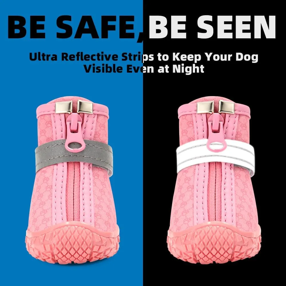 Dog Shoes for Small Dogs, Waterproof Dog Boots Paw Protector for Hot Pavement Winter Snow, Dog Booties with Reflective Strips Rugged Anti-Slip Sole for Hardwood Floors Outdoor Walking Pink Size 3