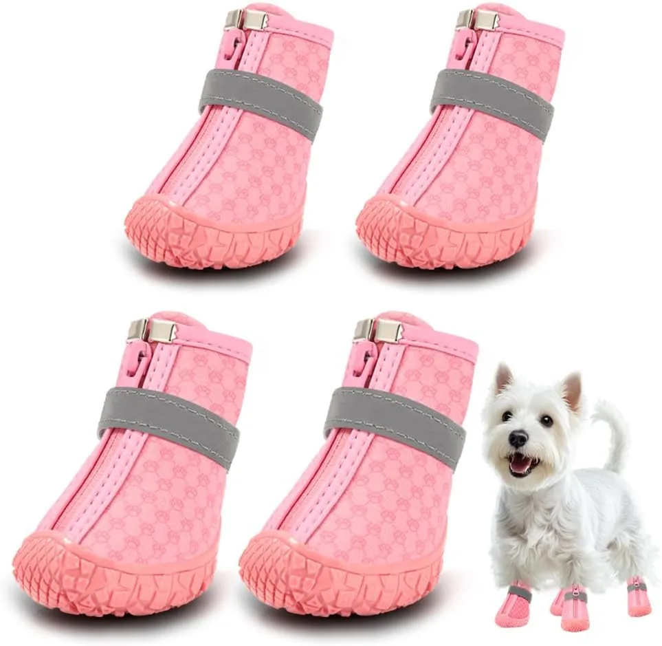 Dog Shoes for Small Dogs, Waterproof Dog Boots Paw Protector for Hot Pavement Winter Snow, Dog Booties with Reflective Strips Rugged Anti-Slip Sole for Hardwood Floors Outdoor Walking Pink Size 3
