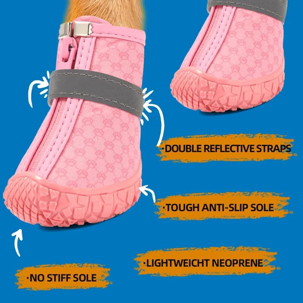 Dog Shoes for Small Dogs, Waterproof Dog Boots Paw Protector for Hot Pavement Winter Snow, Dog Booties with Reflective Strips Rugged Anti-Slip Sole for Hardwood Floors Outdoor Walking Pink Size 3
