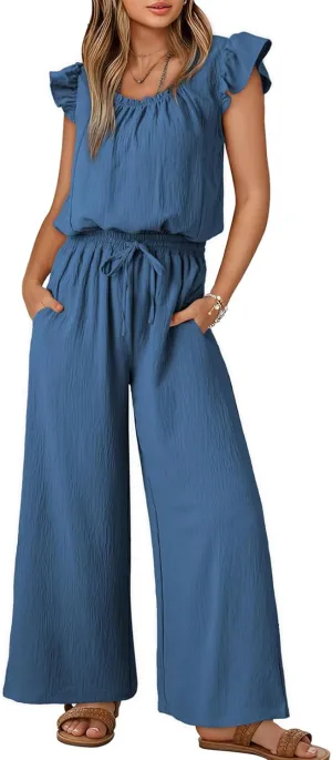 Dokotoo Jumpsuits for Women 2025 Summer Ruffle Sleeves Square Neck Rompers Drawstring Overalls with Pockets
