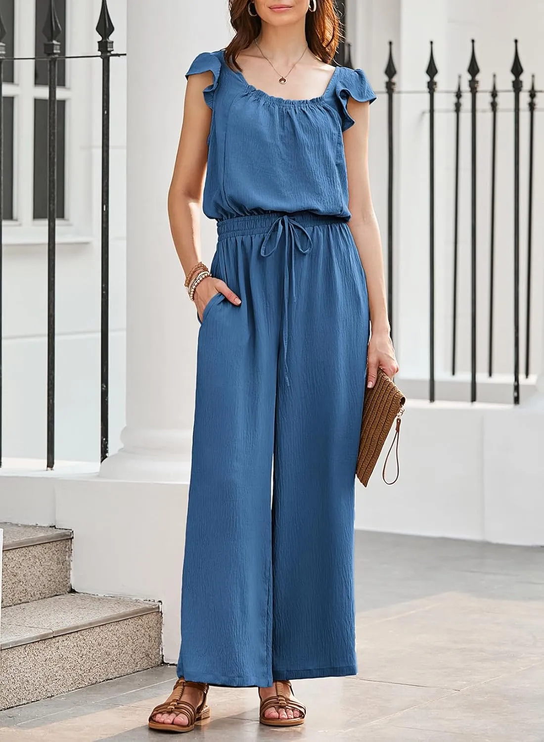 Dokotoo Jumpsuits for Women 2025 Summer Ruffle Sleeves Square Neck Rompers Drawstring Overalls with Pockets