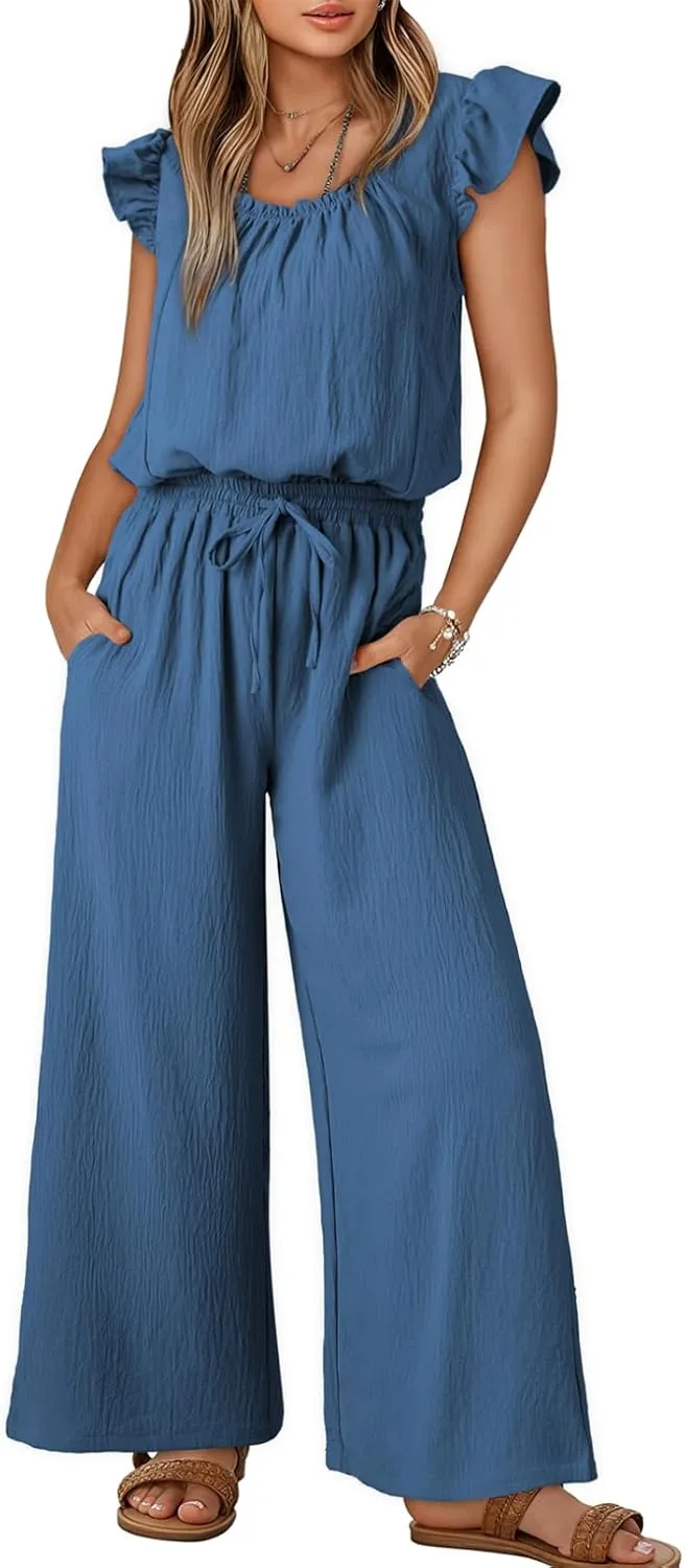 Dokotoo Jumpsuits for Women 2025 Summer Ruffle Sleeves Square Neck Rompers Drawstring Overalls with Pockets