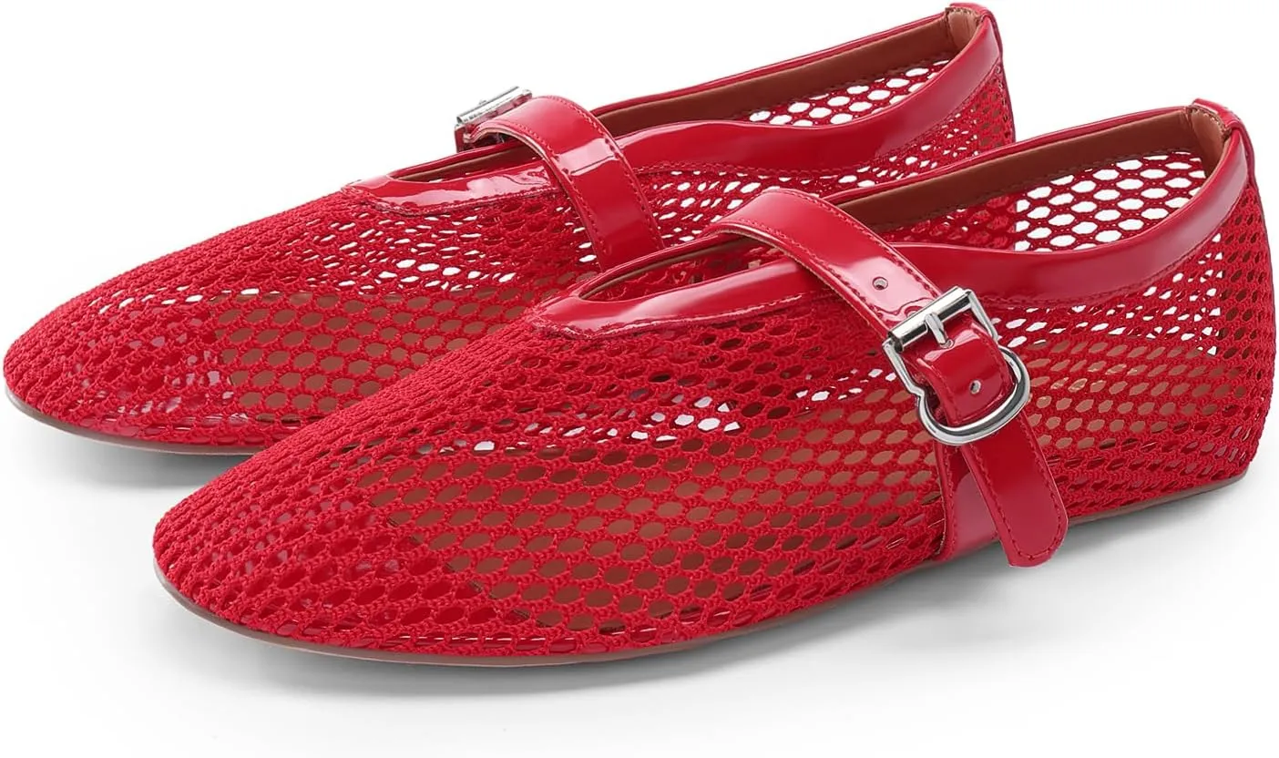 DREAM PAIRS Women's Mesh Ballet Flats Dressy Round Toe Comfortable Mary Jane Flat Shoes with Buckle Strap