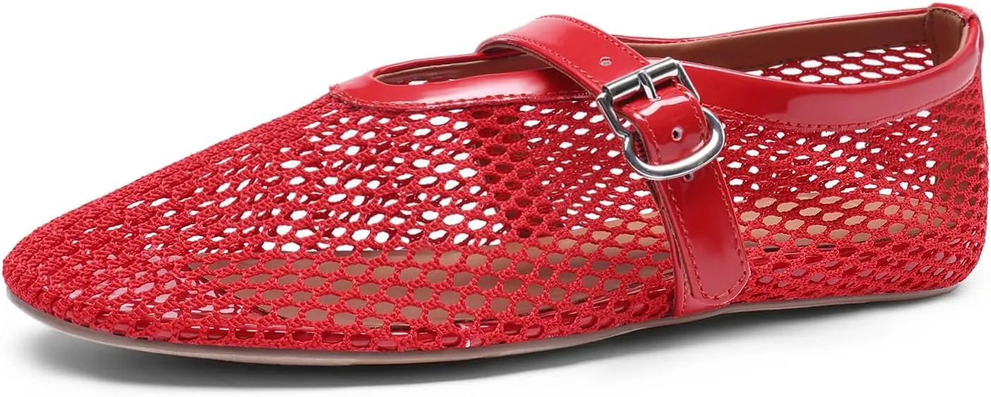 DREAM PAIRS Women's Mesh Ballet Flats Dressy Round Toe Comfortable Mary Jane Flat Shoes with Buckle Strap
