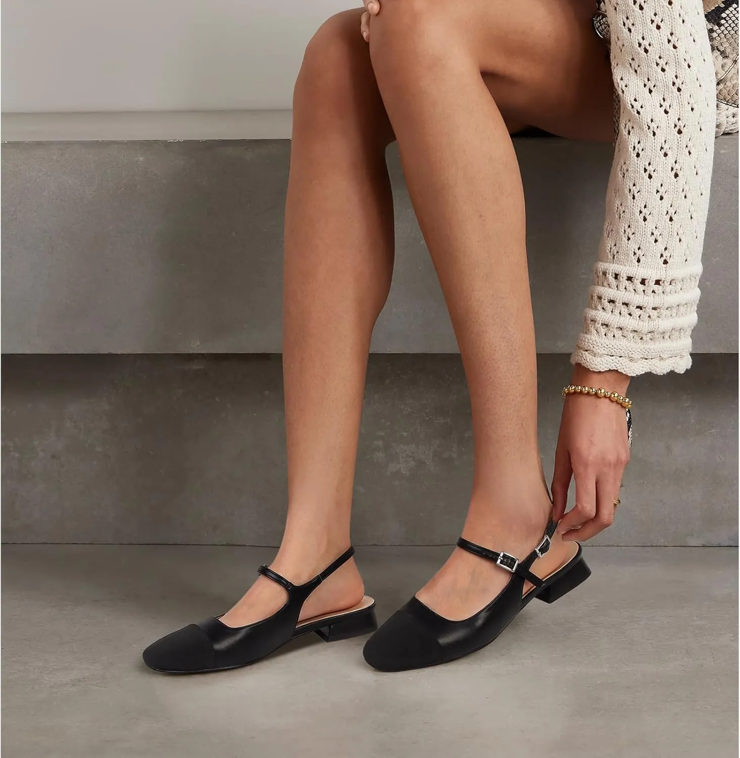 Dsevht Slingback Flats for Women Closed Square Toe Mary Jane Ballet Flats Casual Fashion Dress Shoes for Women