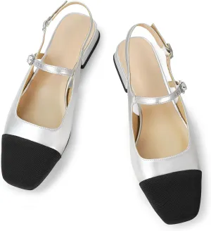 Dsevht Slingback Flats for Women Closed Square Toe Mary Jane Ballet Flats Casual Fashion Dress Shoes for Women