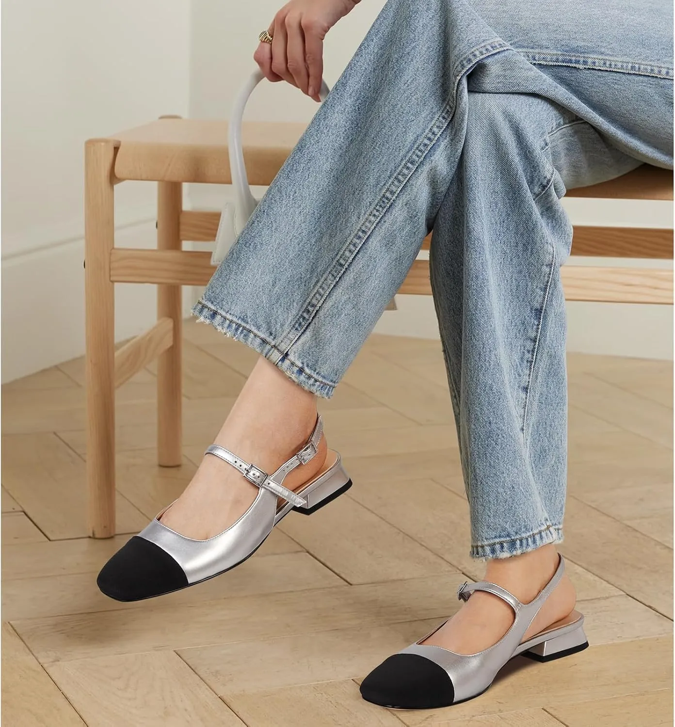 Dsevht Slingback Flats for Women Closed Square Toe Mary Jane Ballet Flats Casual Fashion Dress Shoes for Women