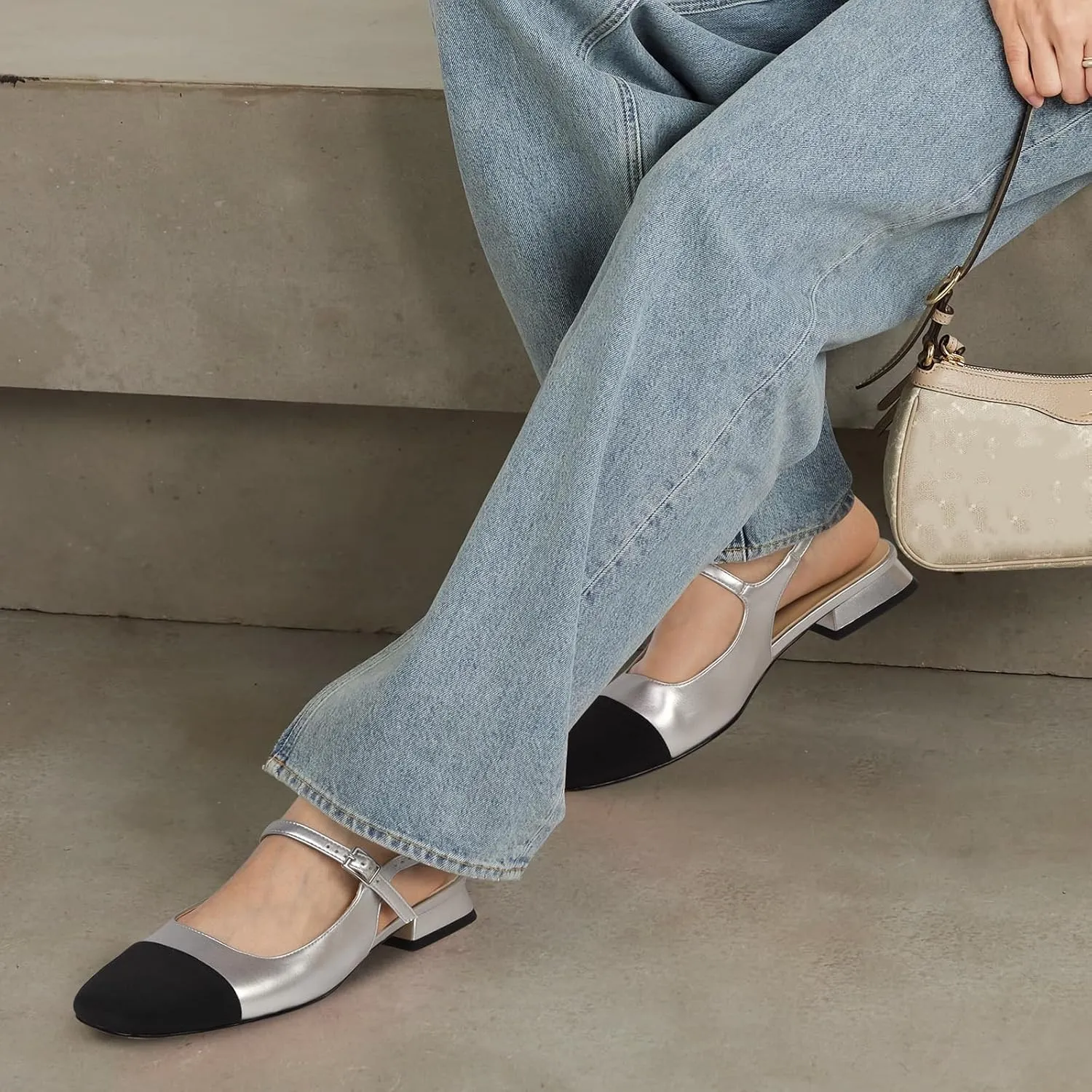 Dsevht Slingback Flats for Women Closed Square Toe Mary Jane Ballet Flats Casual Fashion Dress Shoes for Women