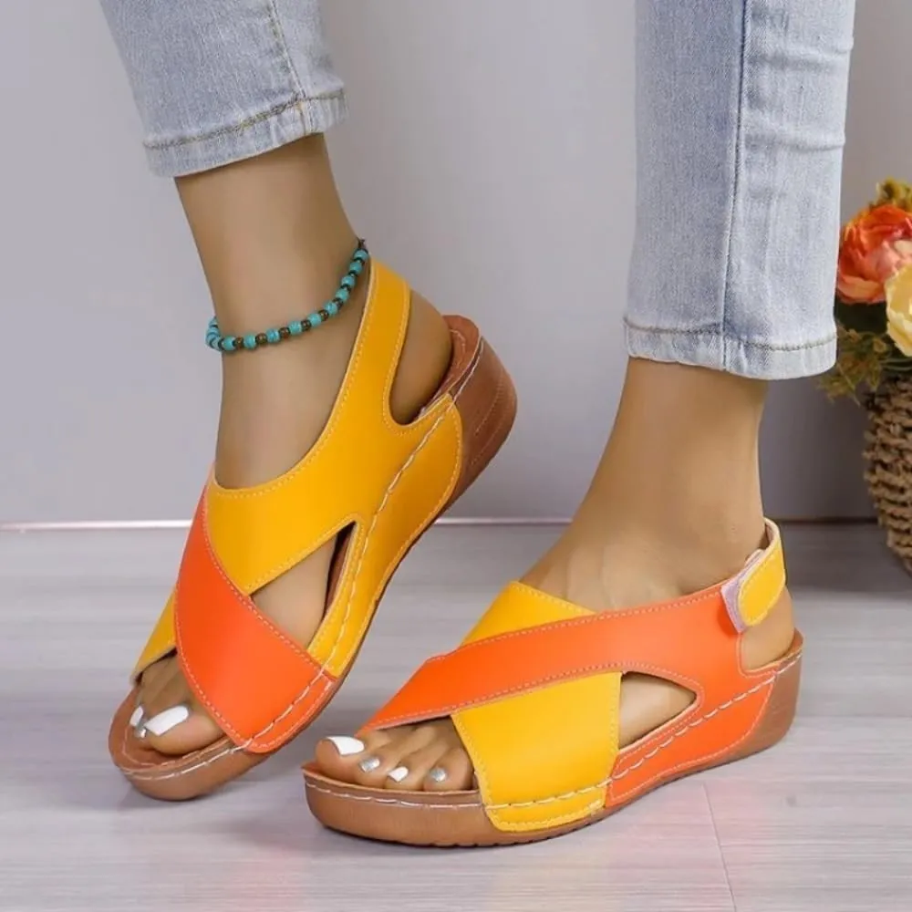DYJAGYO Women's Sandals 2024, Thick Sole Sandals, Colour Block Slope Heel Sandals, Orthopedic Sandals, Beach Sandals