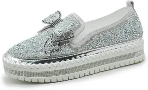 EaGo Women Shining Rhinestone Slip-on Loafers with Cute Bowknot Silver