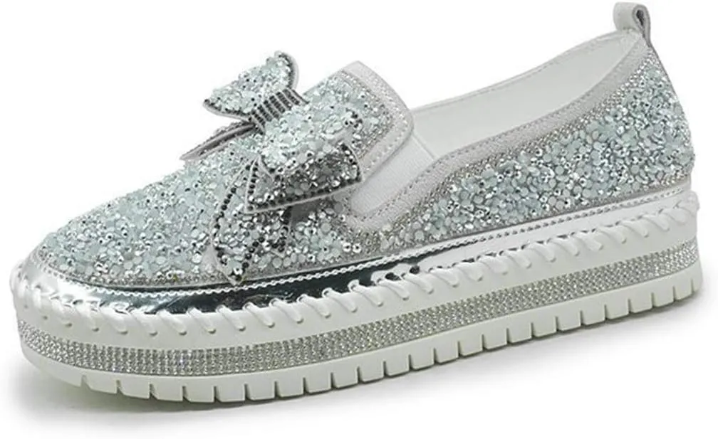 EaGo Women Shining Rhinestone Slip-on Loafers with Cute Bowknot Silver