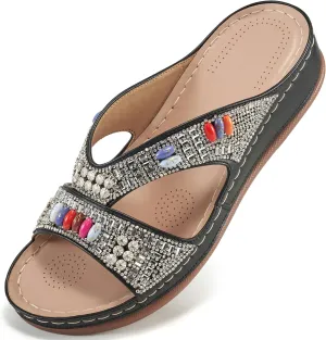 Ecetana Womens Sandals Wedge Slides Dressy Summer Rhinestone Beaded Bohemian Platform Comfortable Casual Shoes
