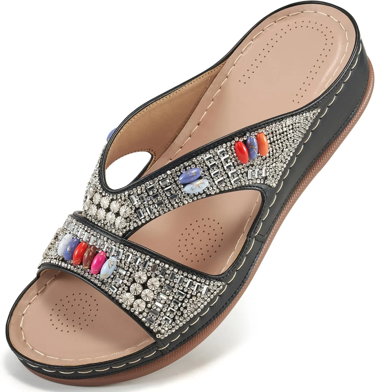 Ecetana Womens Sandals Wedge Slides Dressy Summer Rhinestone Beaded Bohemian Platform Comfortable Casual Shoes