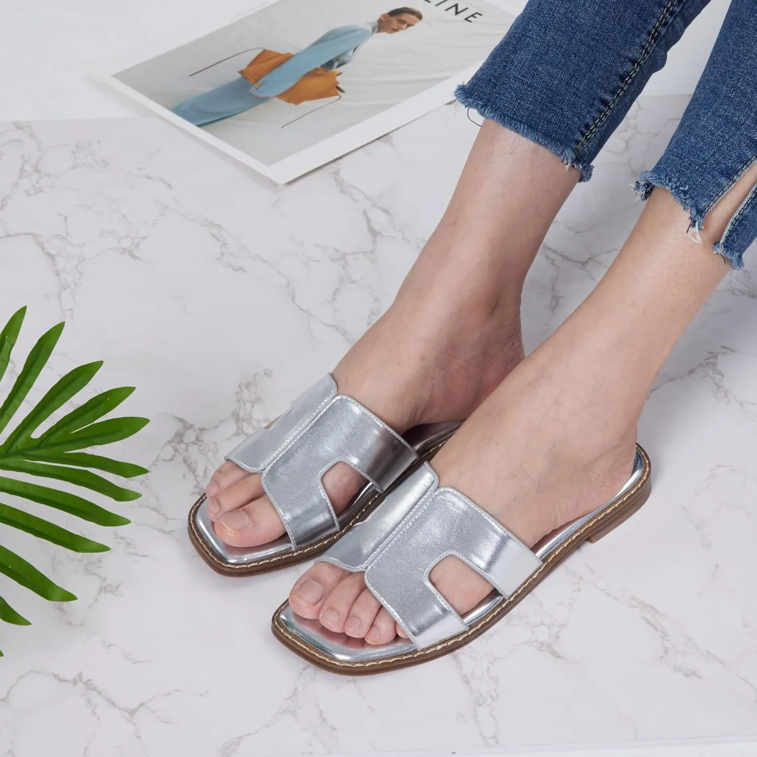 Elisabet Tang Retro Summer Trendy Flat Sandals for Women Fashion - Leather Beach Slide Slipper Comfort Daily Outdoor