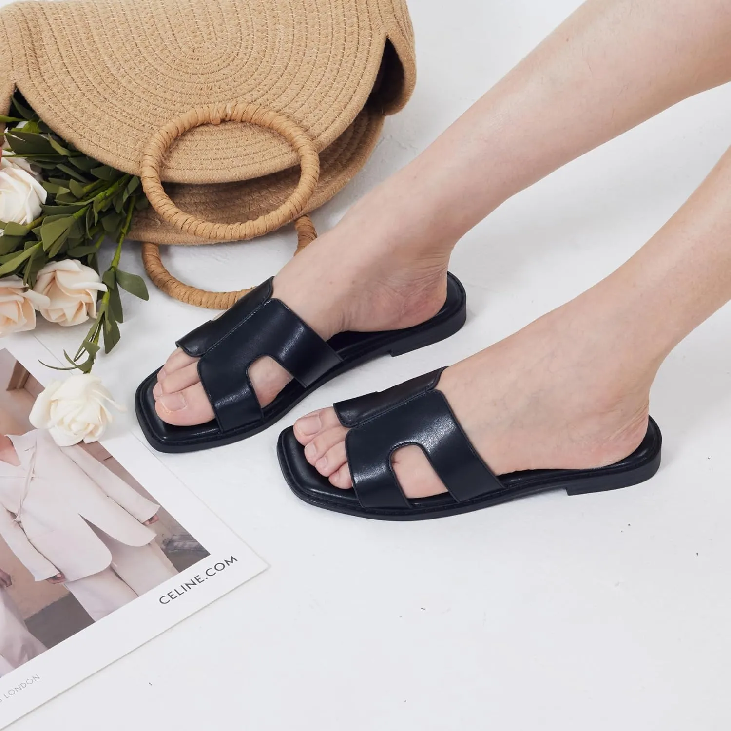 Elisabet Tang Retro Summer Trendy Flat Sandals for Women Fashion - Leather Beach Slide Slipper Comfort Daily Outdoor