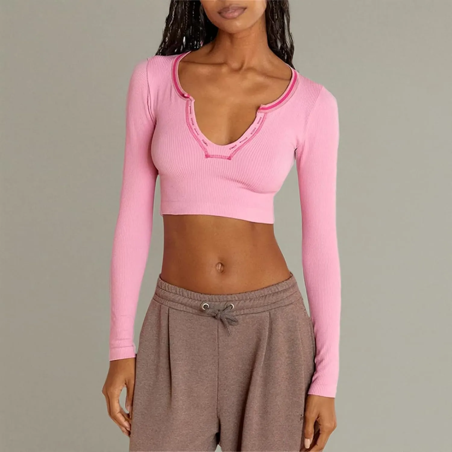 Fanvereka Y2K Women Retro V-Neck Long Sleeve Ribbed Shirt Fall Winter Urban Going Out Crop Top for Teen Young Girl Streetwear