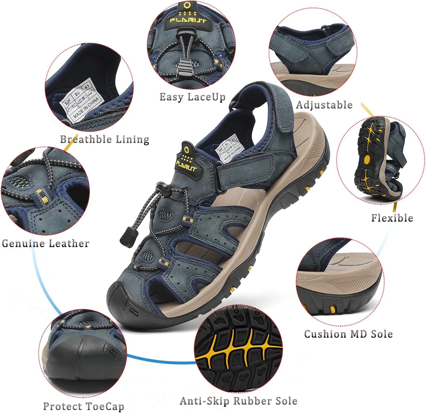 FLARUT Men's Sport Sandals Outdoor Hiking Sandals Closed Toe Leather Athletic Lightweight Trail Walking Casual Sandals Water Shoes
