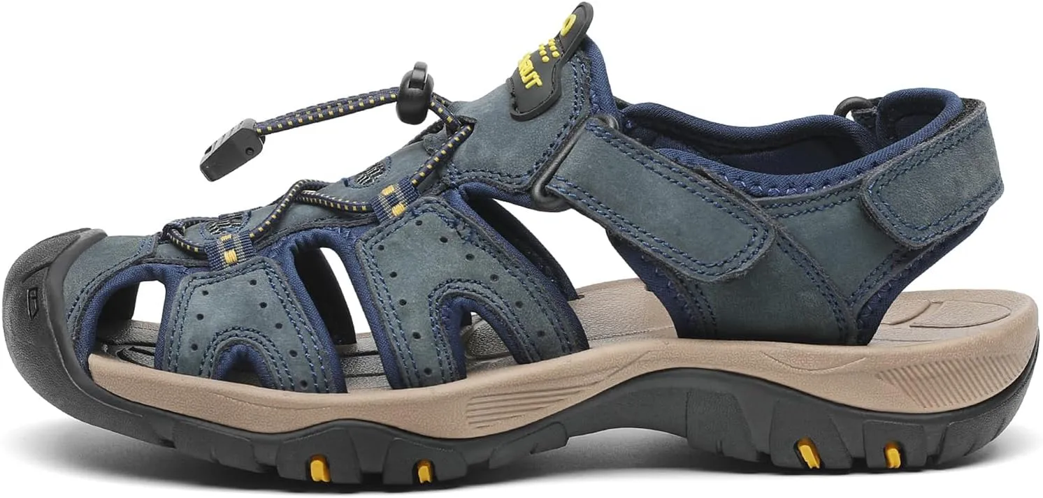 FLARUT Men's Sport Sandals Outdoor Hiking Sandals Closed Toe Leather Athletic Lightweight Trail Walking Casual Sandals Water Shoes