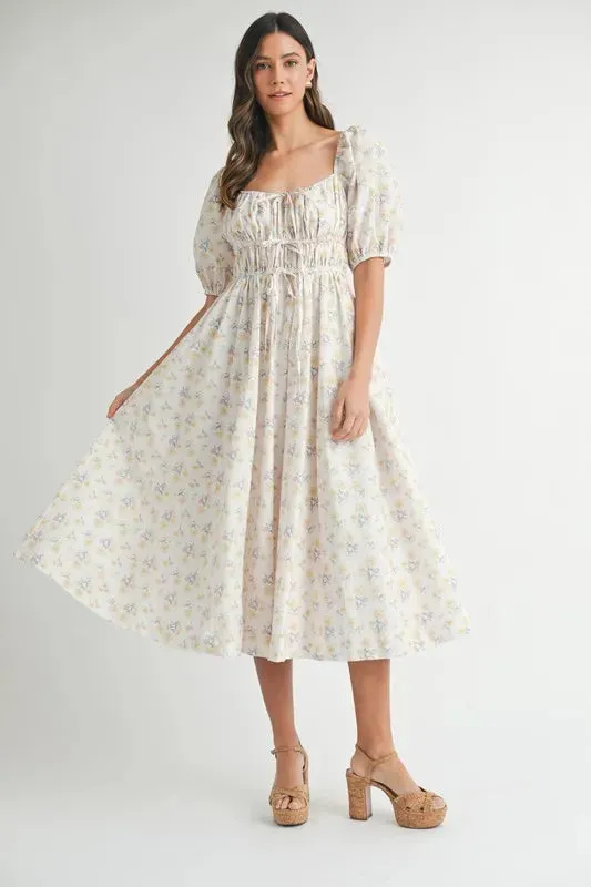 Floral Drawstring Detail Puff Sleeve Midi Dress – Romantic Floral Midi Dress, Ruched Drawstring Dress, Feminine Puff Sleeve Dress, Trendy Garden Party Dress For Summer