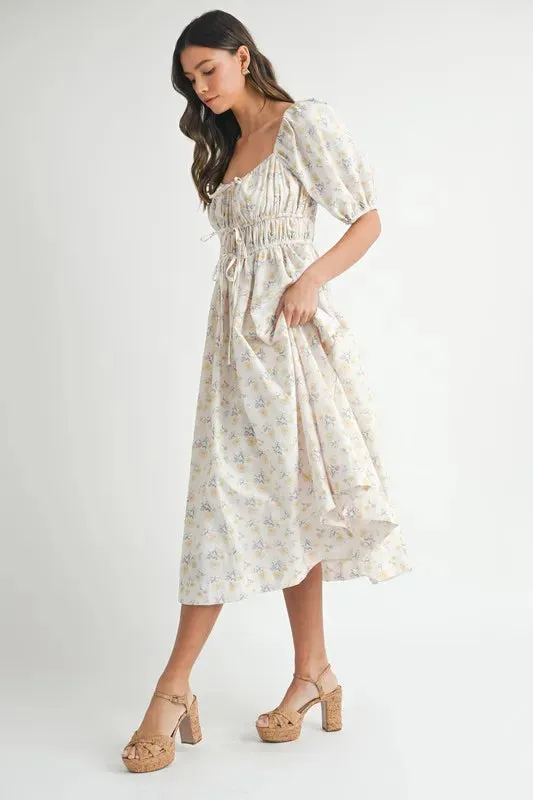 Floral Drawstring Detail Puff Sleeve Midi Dress – Romantic Floral Midi Dress, Ruched Drawstring Dress, Feminine Puff Sleeve Dress, Trendy Garden Party Dress For Summer