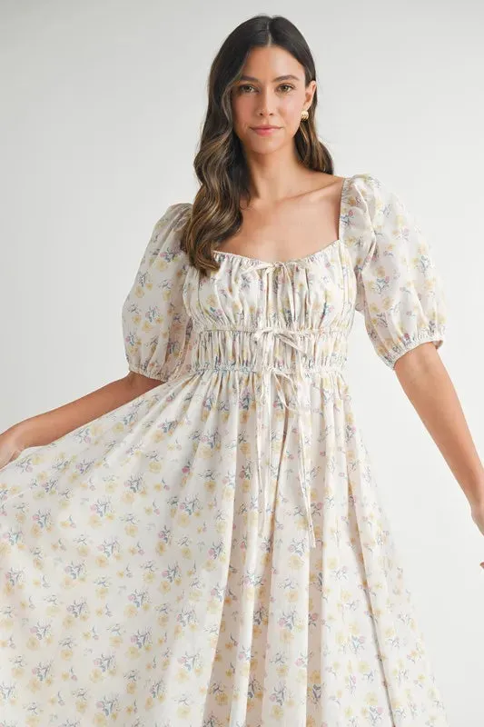 Floral Drawstring Detail Puff Sleeve Midi Dress – Romantic Floral Midi Dress, Ruched Drawstring Dress, Feminine Puff Sleeve Dress, Trendy Garden Party Dress For Summer