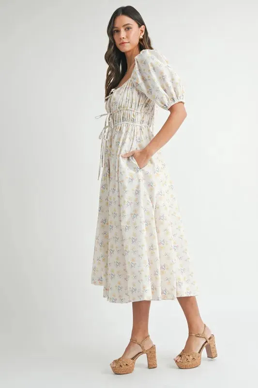 Floral Drawstring Detail Puff Sleeve Midi Dress – Romantic Floral Midi Dress, Ruched Drawstring Dress, Feminine Puff Sleeve Dress, Trendy Garden Party Dress For Summer