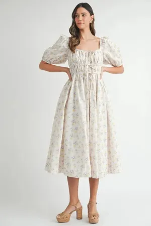Floral Drawstring Detail Puff Sleeve Midi Dress – Romantic Floral Midi Dress, Ruched Drawstring Dress, Feminine Puff Sleeve Dress, Trendy Garden Party Dress For Summer