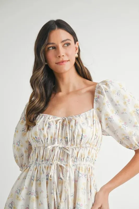 Floral Drawstring Detail Puff Sleeve Midi Dress – Romantic Floral Midi Dress, Ruched Drawstring Dress, Feminine Puff Sleeve Dress, Trendy Garden Party Dress For Summer
