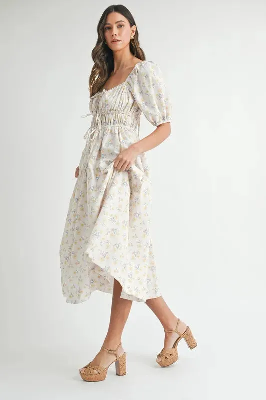 Floral Drawstring Detail Puff Sleeve Midi Dress – Romantic Floral Midi Dress, Ruched Drawstring Dress, Feminine Puff Sleeve Dress, Trendy Garden Party Dress For Summer