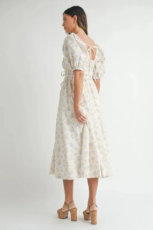 Floral Drawstring Detail Puff Sleeve Midi Dress – Romantic Floral Midi Dress, Ruched Drawstring Dress, Feminine Puff Sleeve Dress, Trendy Garden Party Dress For Summer