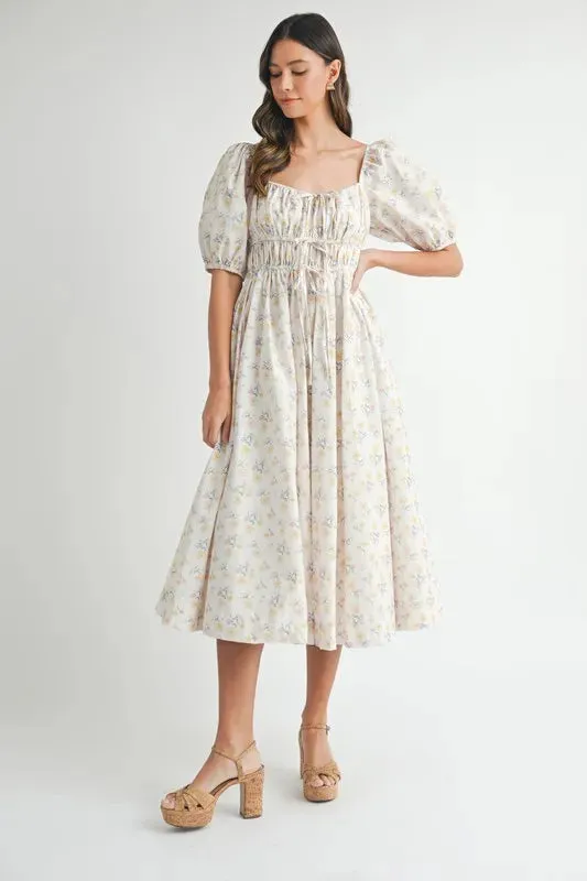 Floral Drawstring Detail Puff Sleeve Midi Dress – Romantic Floral Midi Dress, Ruched Drawstring Dress, Feminine Puff Sleeve Dress, Trendy Garden Party Dress For Summer