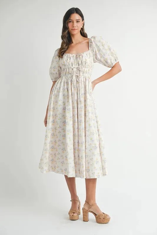 Floral Drawstring Detail Puff Sleeve Midi Dress – Romantic Floral Midi Dress, Ruched Drawstring Dress, Feminine Puff Sleeve Dress, Trendy Garden Party Dress For Summer