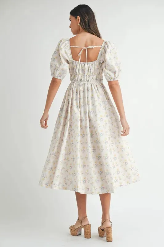 Floral Drawstring Detail Puff Sleeve Midi Dress – Romantic Floral Midi Dress, Ruched Drawstring Dress, Feminine Puff Sleeve Dress, Trendy Garden Party Dress For Summer