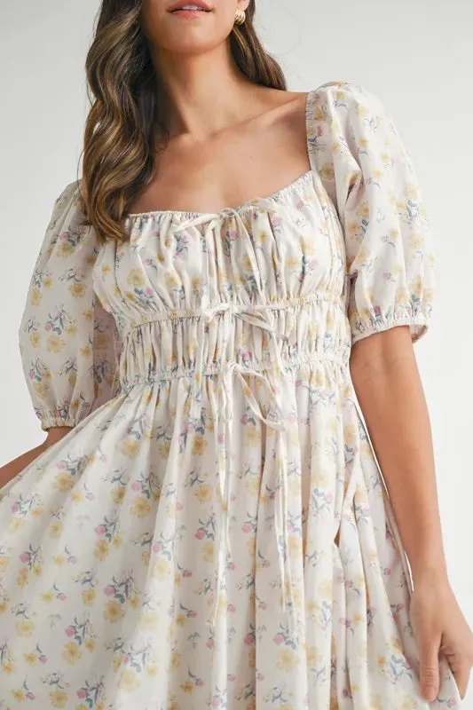 Floral Drawstring Detail Puff Sleeve Midi Dress – Romantic Floral Midi Dress, Ruched Drawstring Dress, Feminine Puff Sleeve Dress, Trendy Garden Party Dress For Summer