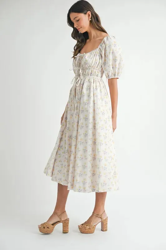 Floral Drawstring Detail Puff Sleeve Midi Dress – Romantic Floral Midi Dress, Ruched Drawstring Dress, Feminine Puff Sleeve Dress, Trendy Garden Party Dress For Summer