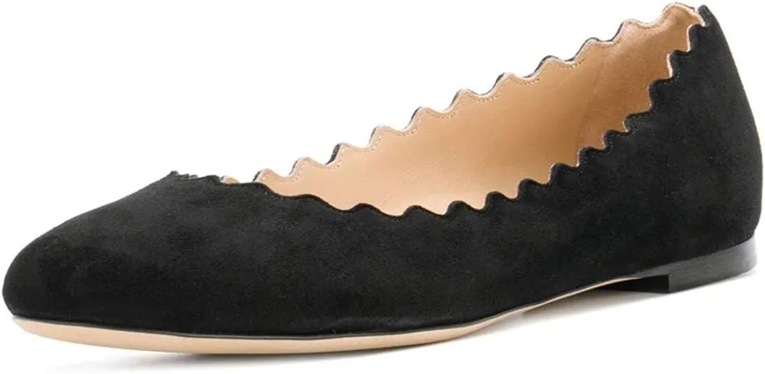 FOWT Suede Classic Round Toe Ballet Flats Wave Pattern Edge Super Low Heel Flat Solid Color Full Size Comfort Party Dress Casual Shoes 4-16 M US