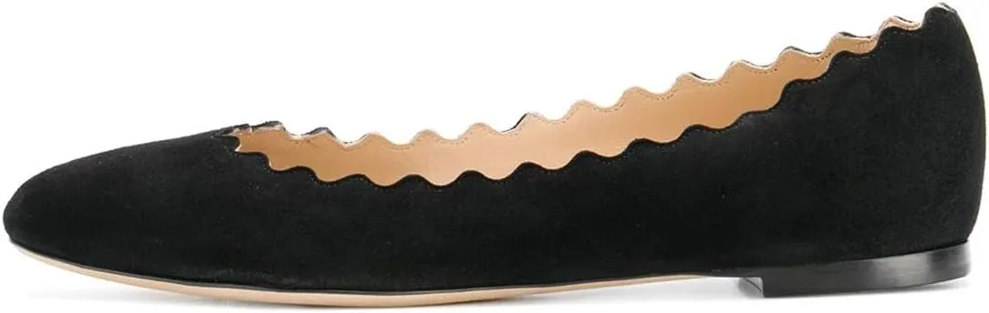 FOWT Suede Classic Round Toe Ballet Flats Wave Pattern Edge Super Low Heel Flat Solid Color Full Size Comfort Party Dress Casual Shoes 4-16 M US