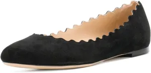 FOWT Suede Classic Round Toe Ballet Flats Wave Pattern Edge Super Low Heel Flat Solid Color Full Size Comfort Party Dress Casual Shoes 4-16 M US