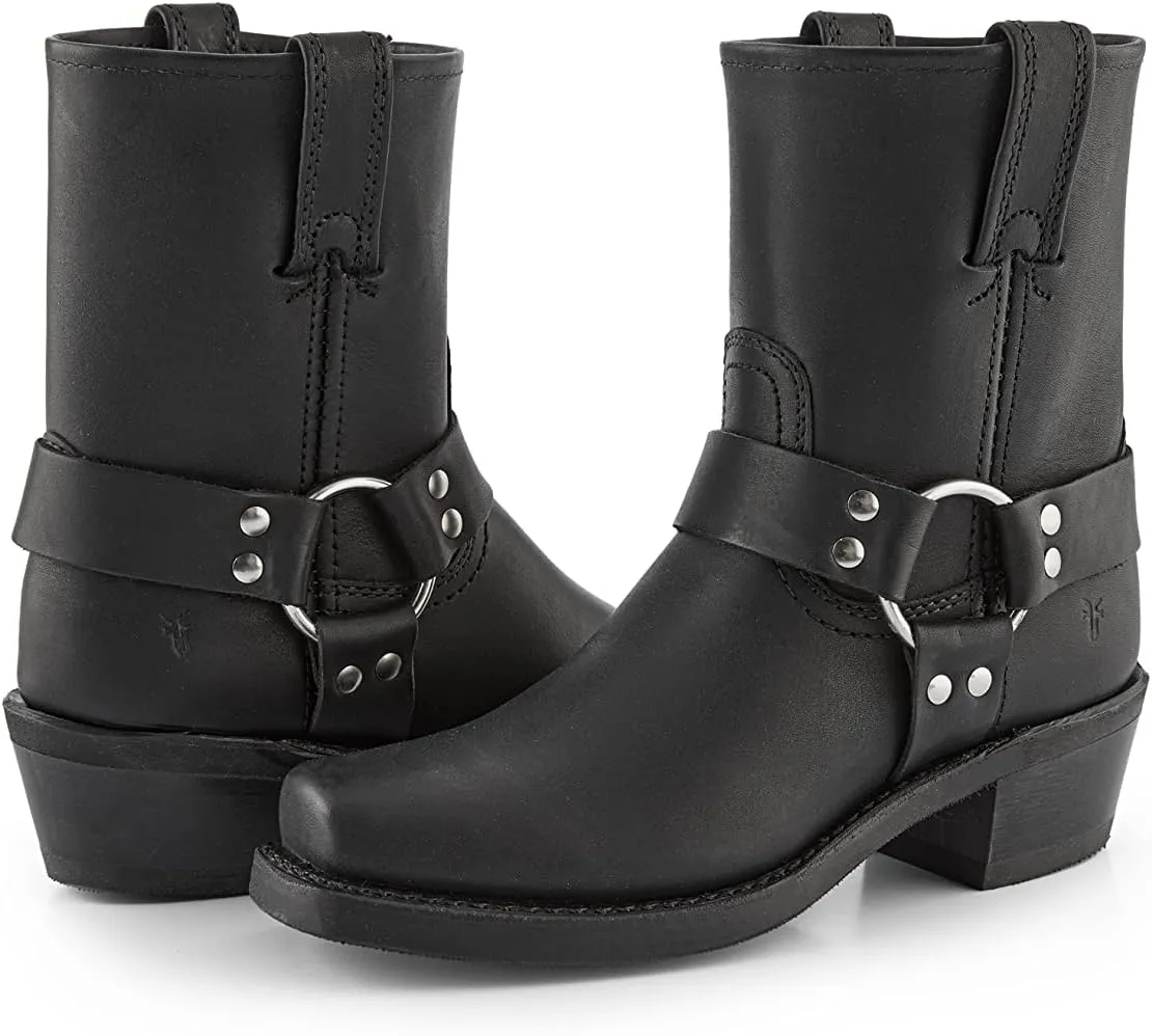 Frye Harness 8R Boots for Women Crafted from Washed and Oiled Italian Leather with Stacked Leather Heel and Rubber Outsole with Welt Construction
