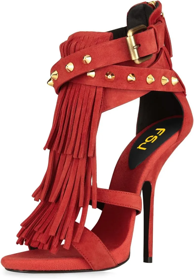 FSJ Women Tassels Gladiator Heeled Sandals Open Toe Stiletto High Heel Fringed Rivets Ankle Strap Back Zipper Shoes Size 4-15 US