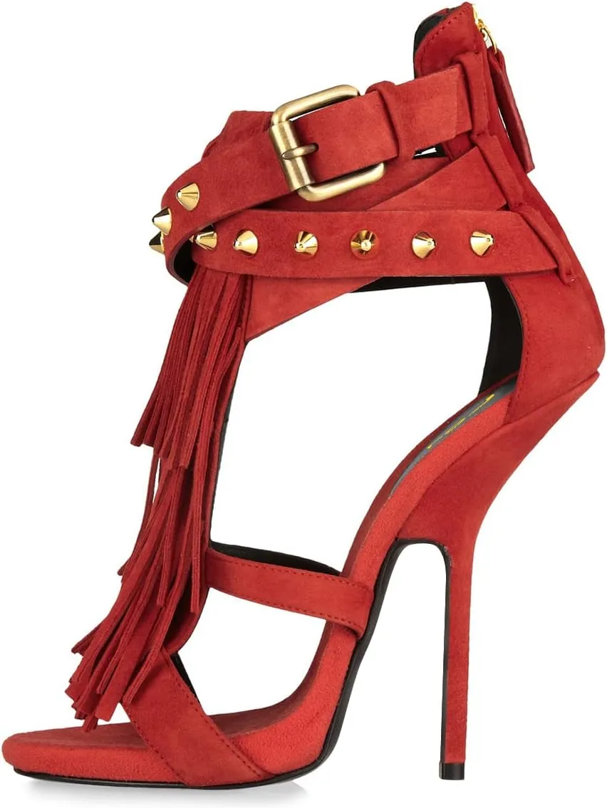 FSJ Women Tassels Gladiator Heeled Sandals Open Toe Stiletto High Heel Fringed Rivets Ankle Strap Back Zipper Shoes Size 4-15 US